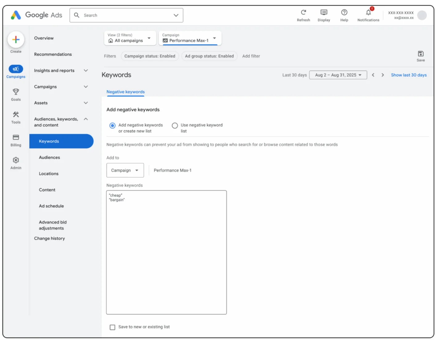 Google Ads interface showing Performance Max negative keywords setup with campaign-level targeting controls