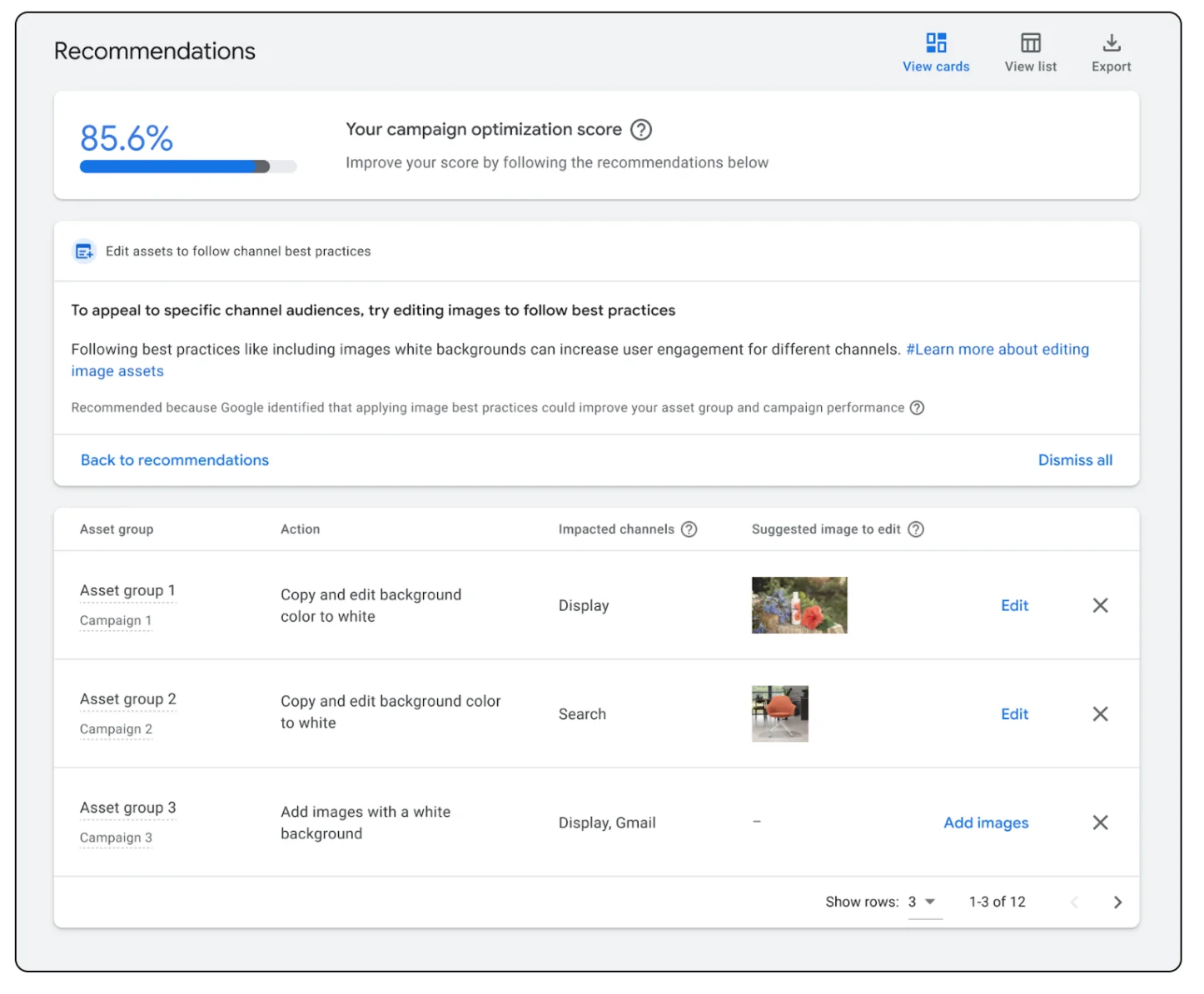 Google Ads recommendations dashboard showing 85.6% optimization score with AI-powered asset improvement suggestions for Performance Max campaigns
