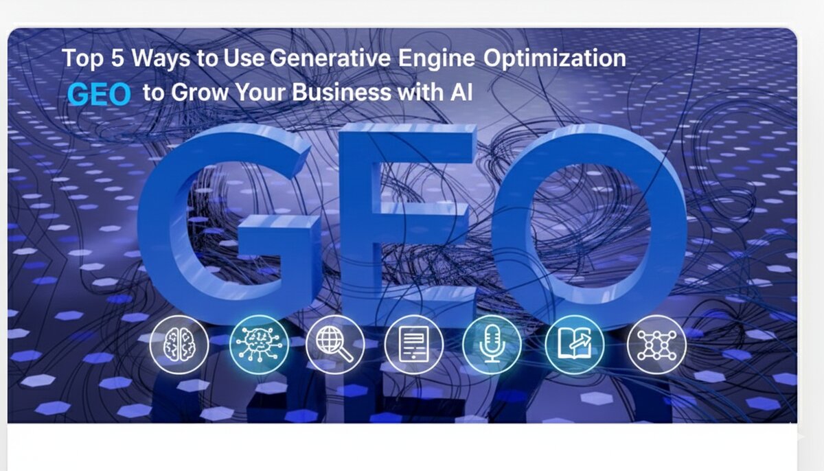 Top 5 Generative Engine Optimization (GEO) strategies for business growth with AI - comprehensive framework showing structured content, LLM surfacing, thought leadership, content repurposing, and linked data optimization